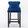 A&A Furniture,Contemporary Velvet Upholstered Wing-Back Barstools with Button Tufted Decoration and Wooden Legs, and Chrome Nailhead Trim