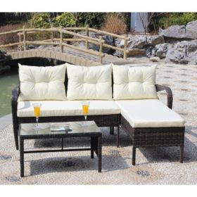 Outdoor patio Furniture sets 3 piece Conversation set wicker Ratten Sectional Sofa With Seat Cushions(Beige Cushion) (Color: Brown)